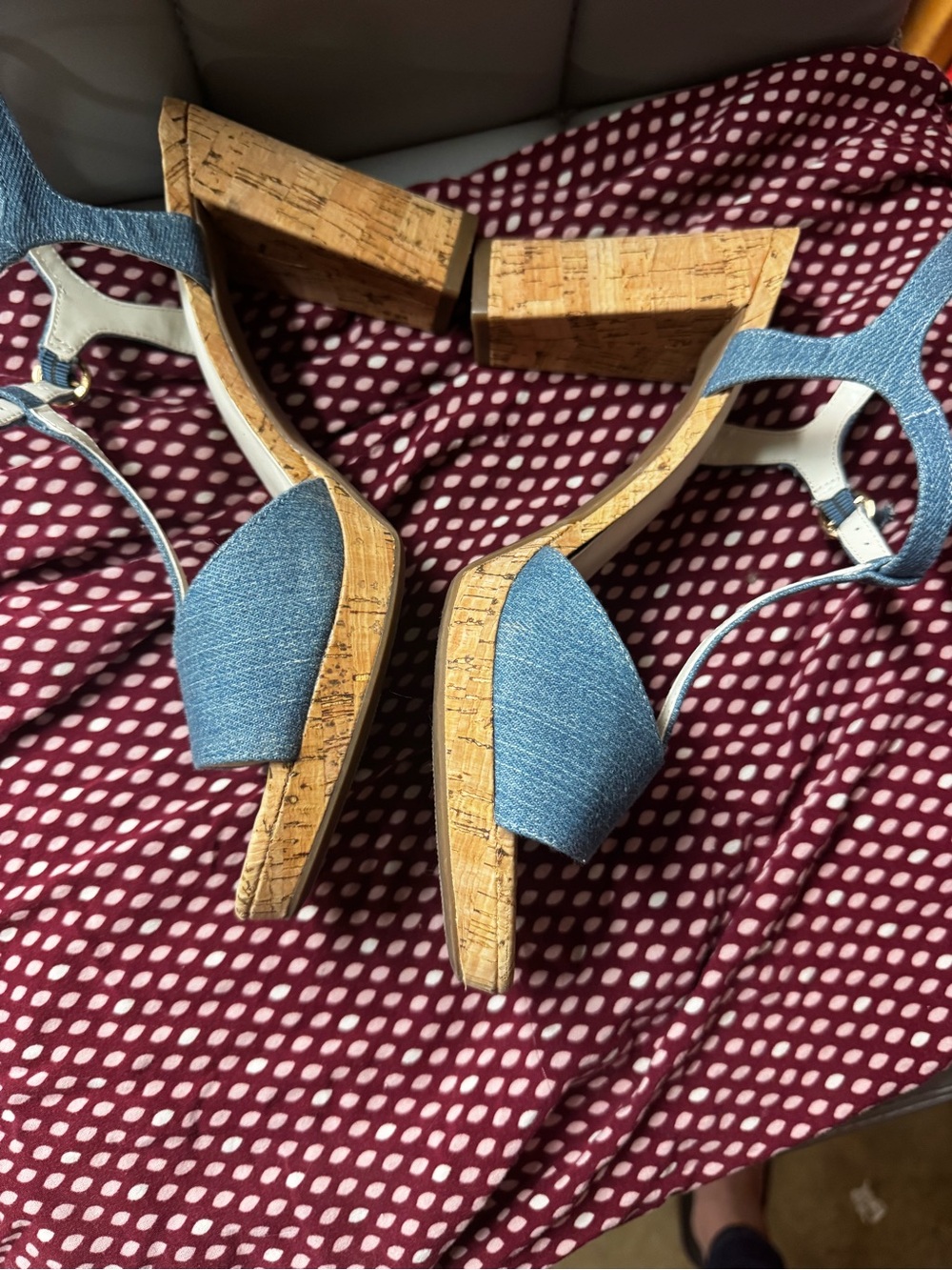 Anne Klein Denim T‑Strap Cork Wedge Sandals - Picture 5 of 6